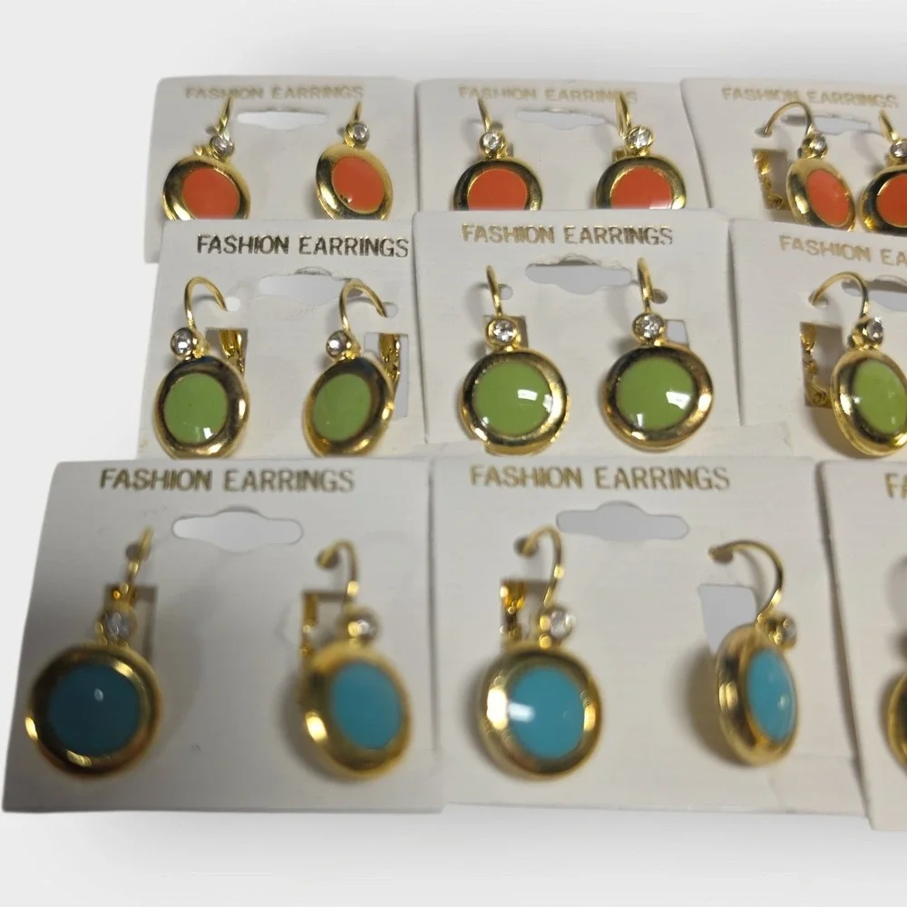 Lot of‎ 12 NEW VINTAGE Colorful Drop Earrings Gold Tone Round Korean Leverback